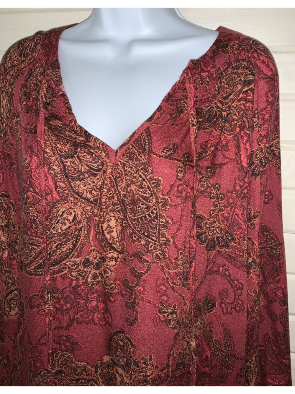 NWT MYSTREE Sz SMALL Boho Blouse Floral Peasant L/S Maroon Paisley Tie Neck Top